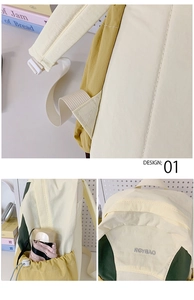 Detail of color-block backpack with reinforced straps and adjustable drawstring side pocket