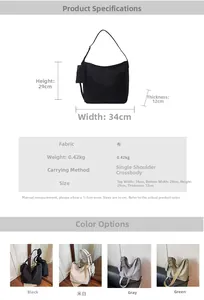 Detailed size chart for a casual tote bag showing dimensions, weights, and color options