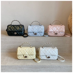 Detailed display of five quilted chain crossbody bags in various pastel leather colors