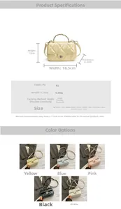 Detailed size and color guide for quilted chain crossbody bag with PU leather specs