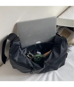 Detailed interior storage view of the black nylon crossbody bag with daily essentials