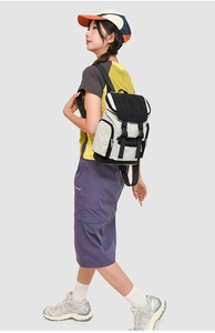 Detail of outdoor backpack with side zipper pocket and beige-black contrast design