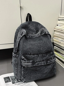 Vintage dark grey washed denim backpack for women with large capacity and multi-pockets