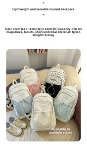 Detailed size specifications for Korean style school backpacks in five various colors