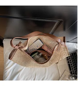 Top view of open woven straw tote bag showing large capacity for daily items