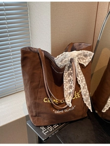 Women French Print Canvas Tote Bag Large Capacity Casual Shoulder Bag With Lace Bow Sweet Student Shopping Handbag Bag