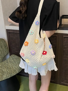 Sac Fourre-tout en Tricot au Crochet à la Main pour Femmes Avec Décoration Florale 3D Ajouré Grande Capacité Vacances d'Été Sac à Épaule