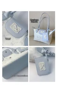 Detail view of printed tote bag with sparkling cat patches and custom textures