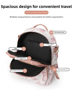 Structure interne détaillée d'un sac à dos blanc avec imprimés papillons et 9 poches