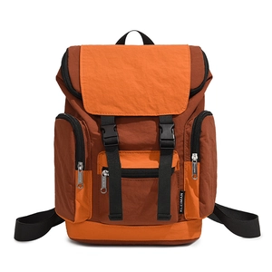 Close-up of contrast color backpack with waterproof fabric and dual buckle closures