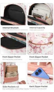 Compartiments de rangement internes et externes du sac à dos blanc à papillons