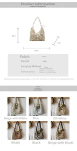 Detailed size specifications and color options for the woven straw hollow tote bag