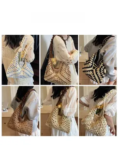 Detail view showing six different color variants of the handmade crochet shoulder bag