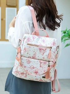 Women Fashion Butterfly Print PU Leather Backpack With Tassel Large Capacity Casual School Travel Bag For Girls Ladies