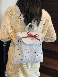 Sweet Fashion Backpack Women Bowknot Butterfly Print Ruffle Artificial Pearl Heart Pendant PU Leather College Style School Bag