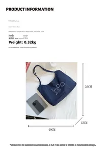Detailed denim blue canvas tote dimensions 49x36x12cm with hoo embroidery detail