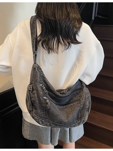 Washed grey denim large hobo crossbody bag with double front zippers for women