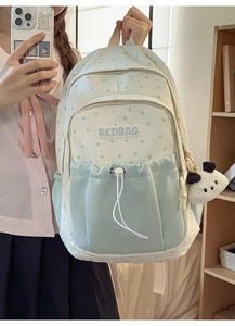 Detail of mint green school backpack with star prints and cute white panda plush pendant