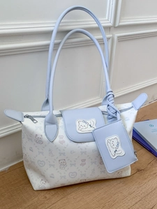 Women Large Capacity PU Leather Tote Bag With Pouch Cartoon Cat Bear Print Shoulder Bag Trendy Casual Commuter Handbag