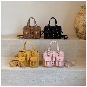 Detailed collection of vintage multi-pocket Boston bags in coffee black yellow and pink