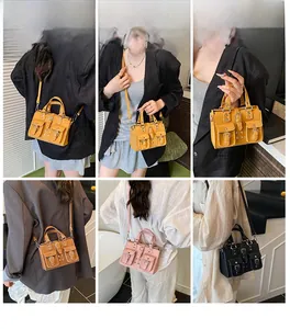 Collage of four vintage-style satchel bags showing handheld and crossbody styling
