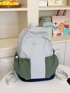 Three-color patchwork lightweight nylon backpack with drawstring pockets for daily travel