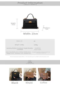 Detailed chart showing PU leather handbag dimensions, specs, and color options