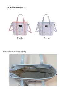 Detail view of mini tote bag interior with smooth zipper and colorful cartoon prints