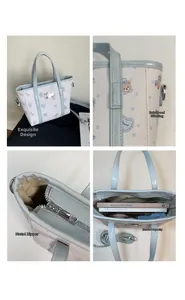 Detail view of reinforced stitching and silver zipper on the blue bear tote bag