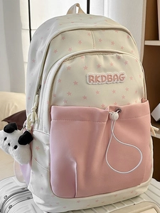Star pattern preppy style backpack in cream and pink with Pochacco plush pendant charm