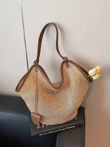 Sac Cabas Tissé en Paille à la Mode Femmes Grande Capacité Été Plage Style Vacances Sac à Bandoulière Unique Couleur Unie PU Cuir Patchwork Sac à Main Décontracté