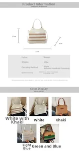 Detailed size chart and multi-color woven straw handbags with dimensions and crossbody options