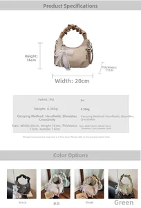Detailed dimensions and four color options for the half-moon crossbody bag with bow charm