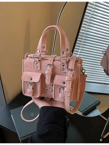 Pink punk style motorcycle handbag with rivets and multiple pockets for women