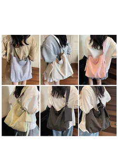 Collage of model back views showing waffle texture tote bags in five pastel colors