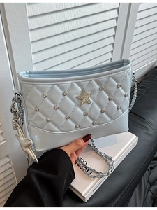 Women Quilted PU Leather Bucket Bag Rhinestone Star Decor Chain Strap Crossbody Bag Korean Style Fashion Shoulder Bag
