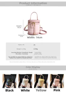 Detailed size chart for quilted cylinder bucket bag with multi-color options available