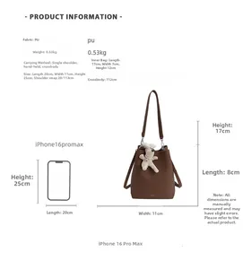 Detailed size guide of dark brown lychee texture bucket bag with dimensions and phone comparison