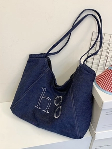 Women Denim Tote Bag Large Capacity Letter Embroidery Shoulder Bag Casual Contrast Stitching Canvas Shopping Bag