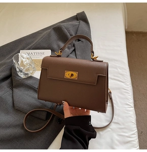 Detail of dark brown leather crossbody bag featuring gold twist lock and top handle