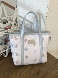 Kawaii Cartoon Bear Print PU Leather Shoulder Bag For Women Sweet Bucket Tote Handbag With Adjustable Strap Commuter Bag