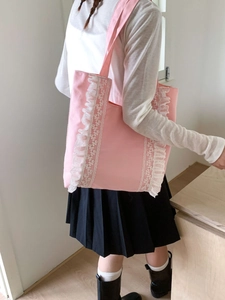 Large Capacity Canvas Tote Bag With Ruffle Lace Trim Japanese Sweet Style Shoulder Shopping Bag For Women Girls