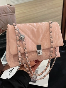 Women Fashion Quilted PU Leather Crossbody Bag V-Shaped Pattern Chain Shoulder Bag With Metal Ball Decorative Square Lock Small Square Bag For Commute