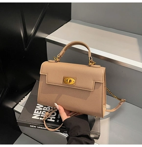 Close-up of khaki leather mini Kelly bag with gold twist lock and elegant top handle
