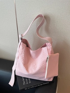 Pink plaid seersucker tote bag with small zipper pouch and adjustable shoulder strap