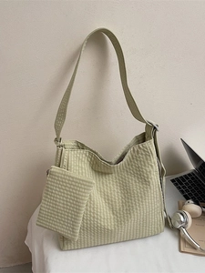 Light green plaid seersucker tote bag with small pouch for casual summer style