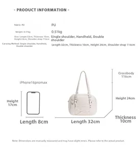 Detailed size chart showing 32x24cm cream PU tote with laptop and smartphone scale