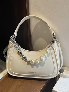 Damen Mode PU Leder Hobo Schultertasche Mit Künstliche Perlen Herz Metall Kette Minimalistische Unterarmtasche Für Täglich Party Reise