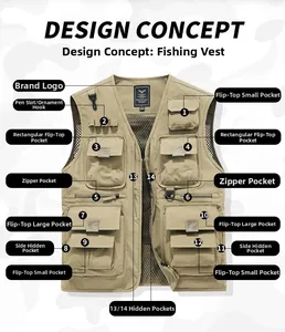 Détail du gilet de pêche kaki avec doublure en mesh et 14 poches de rangement