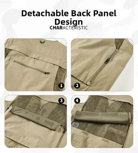 Détail du panneau arrière amovible et de la maille respirante sur ce gilet de pêche kaki